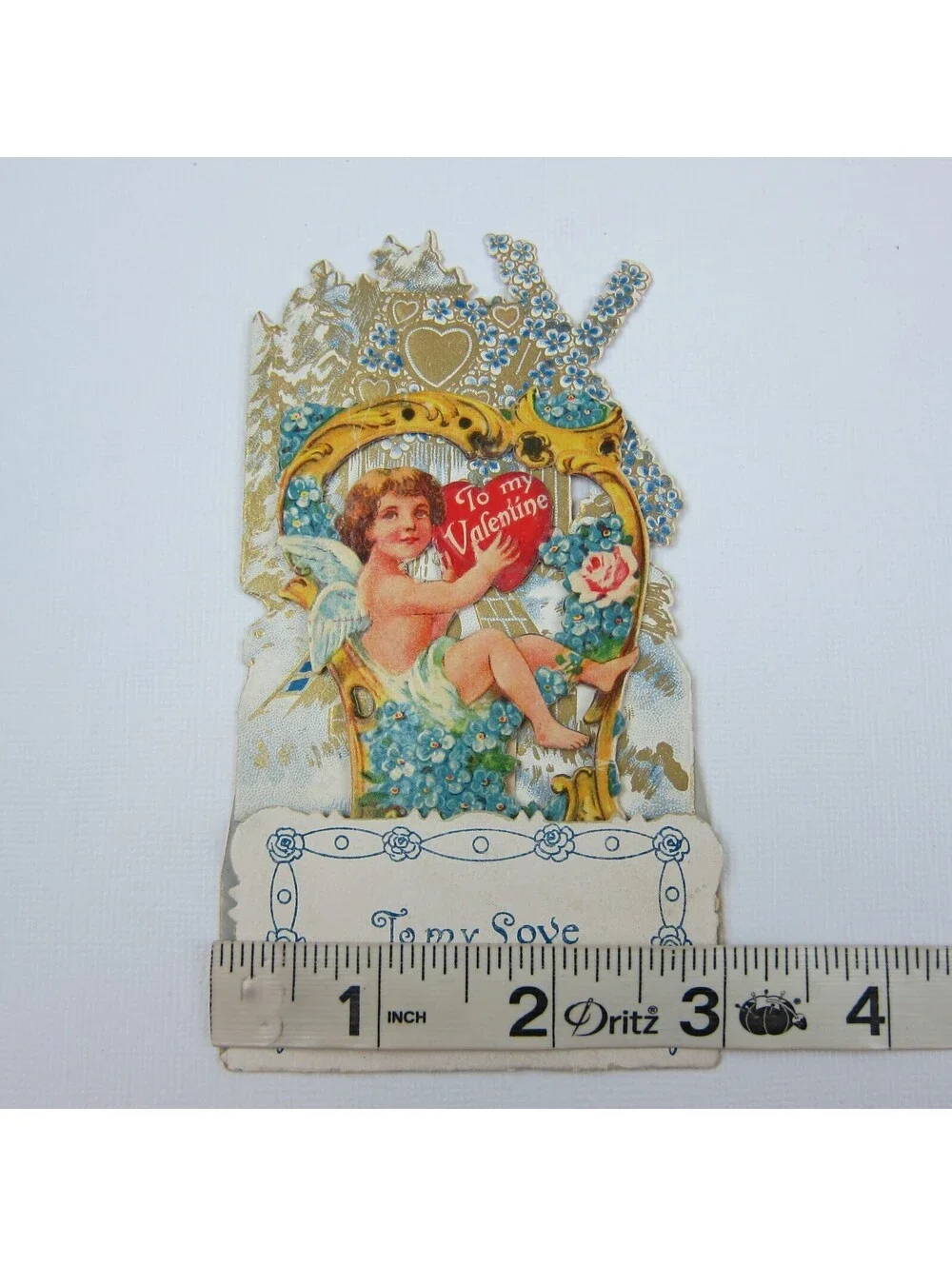 Vintage Valentine 3D Pop Up Die Cut Blonde Boy Angel Cupid Gold Harp Blue Flower